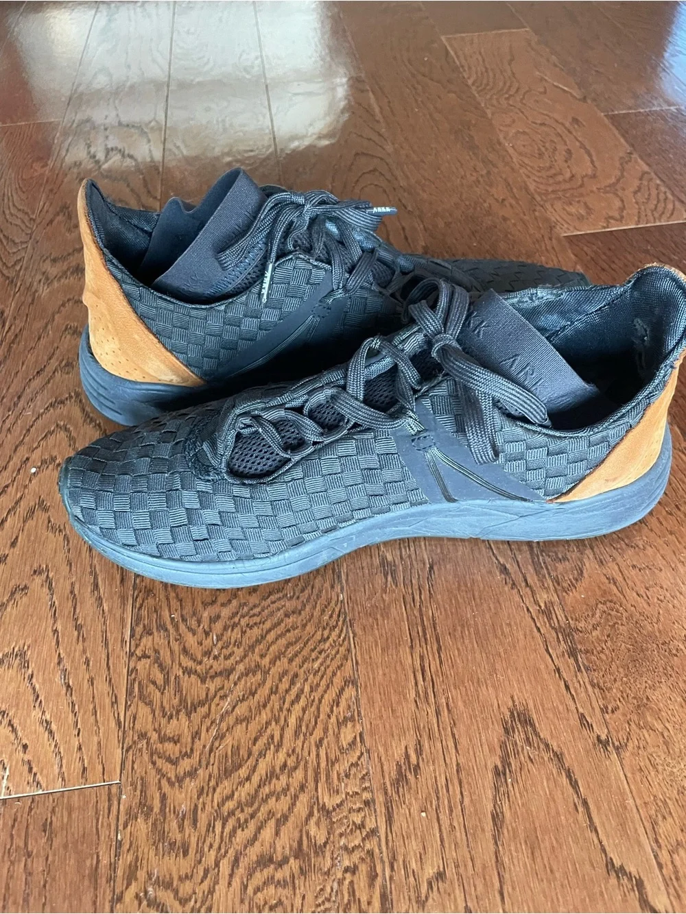 UniSex Dark Blue Woven Sneakers with Tan Heel Accent